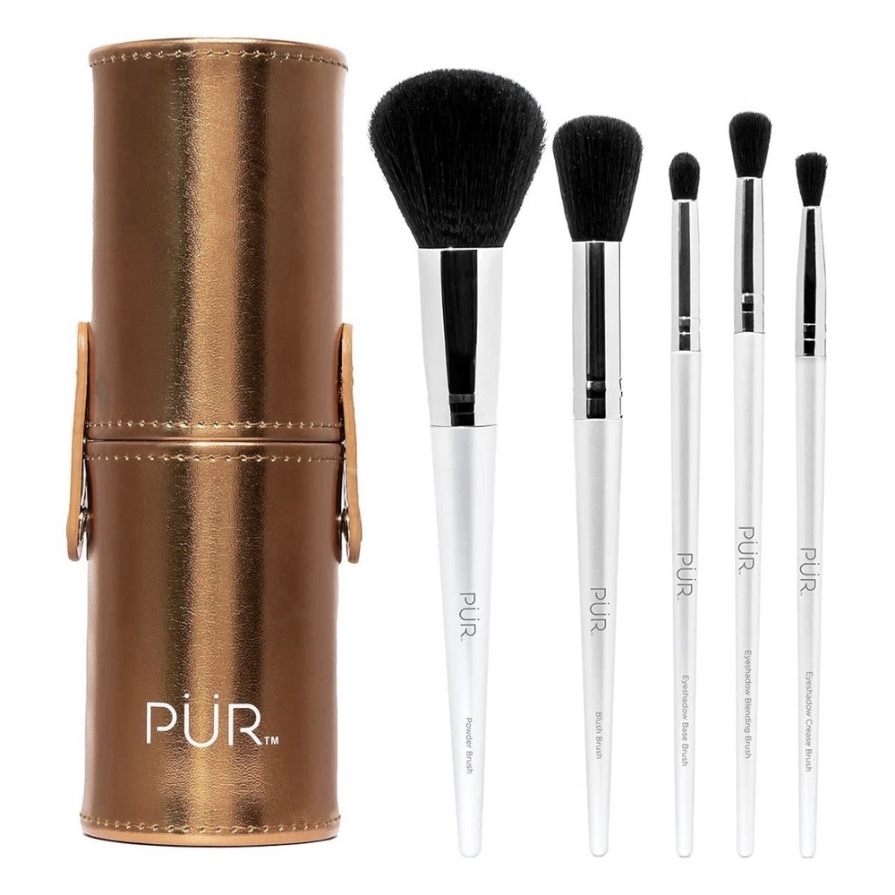 Pur X Brush 5 Piece Foundation Eye Shadow Powder Blush Blending Makeup Set Case